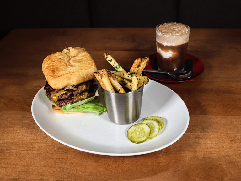 double patty burger, fries and root beer float